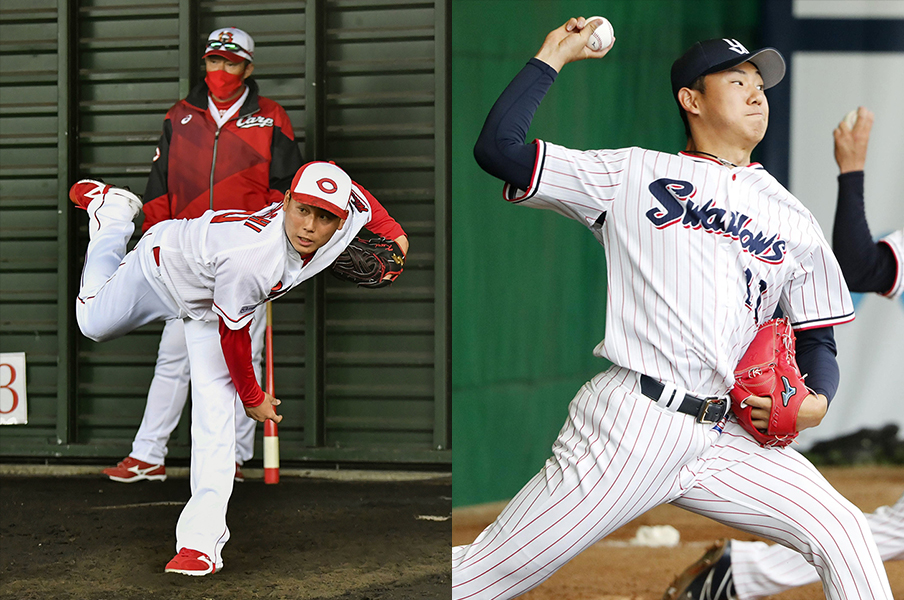 佐々岡監督の前でブルペン投球する広島のルーキー・栗林(左)。ヤクルトの2年目、奥川恭伸はローテ争いに割って入りたい。©KYODO