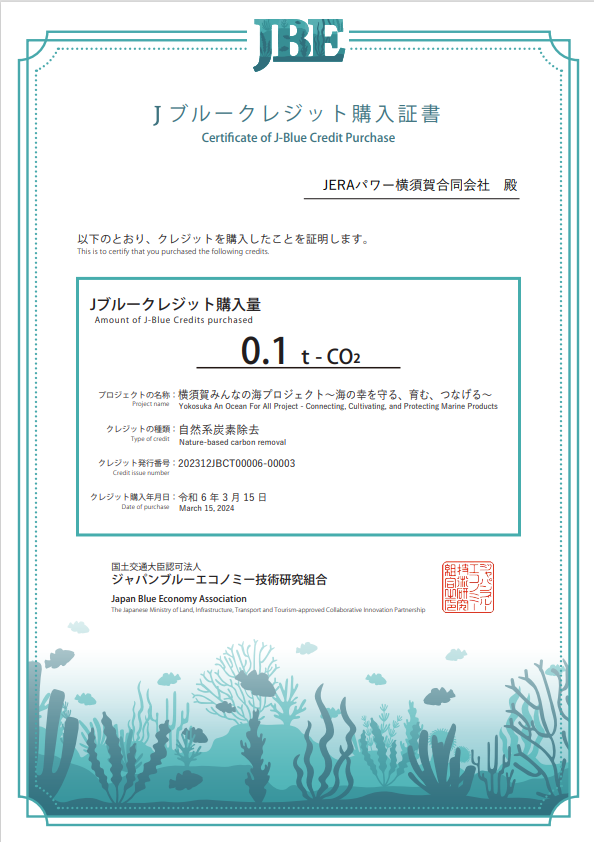 Jブルークレジット®購入証書を受領しました | お知らせ（2024年） | JERA